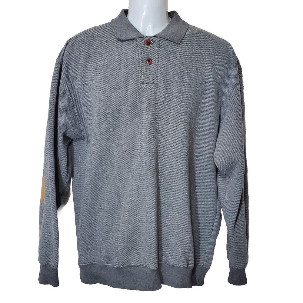 Orvis Polo Mens Large Gray Pullover Leather Elbow Patches Long Sleeve Button